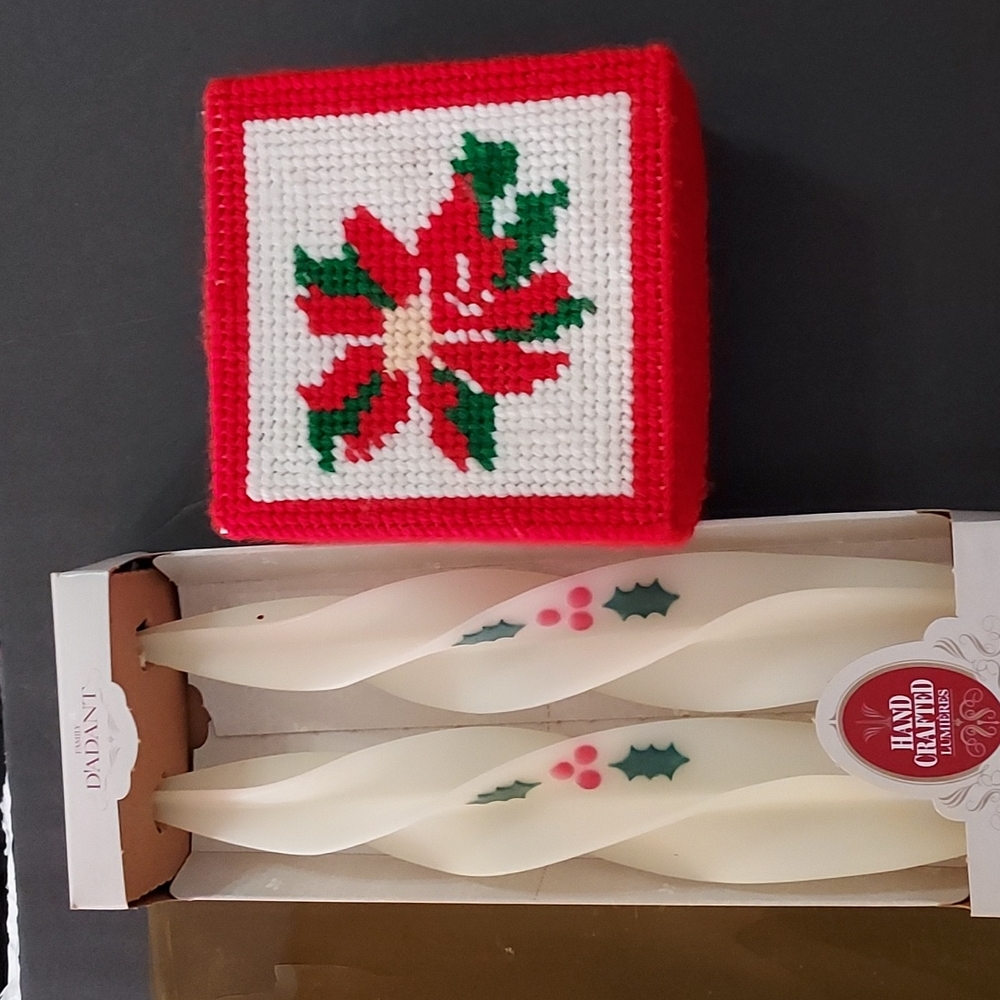 Set of D'ADANT Holly Candsticks EC never lighted & Set of 4  Coasters in a box.